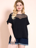 Plus Size Bluse für Frauen Schwarz Jewel Neck Kurzarm Polyester Casual T-Shirt