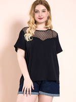 Plus Size Bluse für Frauen Schwarz Jewel Neck Kurzarm Polyester Casual T-Shirt