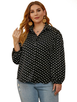 Plus Size Bluse für Frauen Schwarz Turndown Kragen Langarm Polka Dot Buttons Übergroßes Polyester Casual Shirt