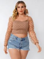 Plus Size Bluse für Frauen Square Neck Long Sleeves Polka Dot Polyester Coffee Brown T-Shirt