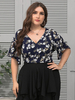 Plus Size Bluse für Frauen Tiefblaue V-Ausschnitt Kurzarm Blumendruck Schnürung Oversize Polyester Casual Bluse