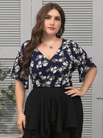 Plus Size Bluse für Frauen Tiefblaue V-Ausschnitt Kurzarm Blumendruck Schnürung Oversize Polyester Casual Bluse