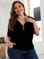 Plus Size Bluse für Frauen V-Ausschnitt Kurzarm Reißverschluss Casual T-Shirt