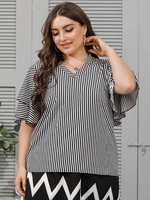 Plus Size Bluse für Frauen V-Ausschnitt Kurze Ärmel Streifen Oversized Polyester Casual Schwarzes T-Shirt