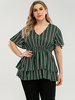 Plus Size Bluse für Frauen V-Ausschnitt Kurze Ärmel Streifen Polyester Lässiges Grünes T-Shirt