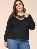 Plus Size Bluse für Frauen V-Ausschnitt Lange Ärmel Polyester Casual Schwarz T-Shirt