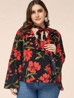 Plus Size Bluse für Frauen V-Ausschnitt mit langen Ärmeln Floral bedrucktes Polyester beiläufiges schwarzes T-Shirt