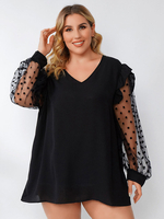 Plus Size Bluse für Frauen V-Ausschnitt mit langen Ärmeln Spitze Polyester Schwarz T-Shirt