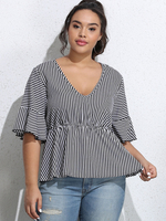 Plus Size Bluse für Frauen V-Ausschnitt Plissee Schnürung Halbarm Polyester Casual Sommer Top