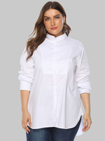Plus Size Bluse für Frauen Weißer Stehkragen Langarm Polyester Baumwolle Übergroßes T-Shirt