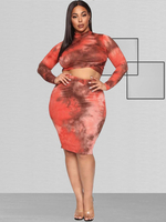 Plus Size Bodycon Kleid High Collar Langarm Tie Dye Knielang Casual Sexy Midi Kleid