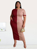 Plus Size Bodycon Kleid Jewel Neck Kurzarm Ärmel Block Block Polyester Sommer Langes Kleid