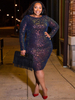 Plus Size Bodycon Kleid Jewel Neck Langarm Pailletten Polyester Knielang Lila Sommerkleid
