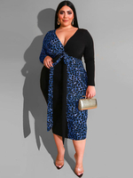 Plus Size Bodycon Kleid V-Ausschnitt Langarm Leopardenmuster Pattern Schnüren Langes Kleid
