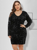 Plus Size Bodycon Kleid V-Ausschnitt Langarm Polyester Casual Midi Kleid