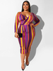 Plus Size Bodycon Kleid V-Ausschnitt Langarm Streifen Muster Layered Lace Up Casual Sommer Midi-Kleid geschichtet