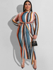 Plus Size Bodycon Kleid V-Ausschnitt Schnürung Langarm Polyester Streifen Muster Cyan Langes Kleid