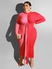 Plus Size Bodycon Maxikleid Red Jewel Neck Schnüren Langarm Two-Tone Pattern Summer Long Dress