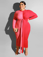 Plus Size Bodycon Maxikleid Red Jewel Neck Schnüren Langarm Two-Tone Pattern Summer Long Dress