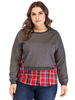Plus Size Deep Grey T-Shirt für Frauen Jewel Neck Langarm Plaid Pattern Cotton Sweatshirt