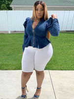 Plus Size Denim Jacke Tinte Blau Reißverschluss Langarm Casual Cowboy Mantel