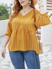 Plus Size gelbe Bluse für Frauen V-Ausschnitt Plissee Kurzarm Polyester Casual Sommer Top