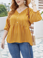 Plus Size gelbe Bluse für Frauen V-Ausschnitt Plissee Kurzarm Polyester Casual Sommer Top