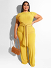 Plus Size gelbe Bluse Jewel Neck Kurzarm T-Shirt Lange Hose 2-teiliges lässiges Sommeroutfit
