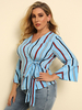 Plus Size Hemd für Frauen Blaue Streifen Muster Bowknot Ausgestellte Halbarm Verknotet Schnüren Tägliches Freizeithemd