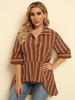 Plus Size Hemd für Frauen Braunes Streifenmuster Umlegekragen Halbarm Knöpfe Freizeithemd