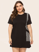 Plus Size Kleid für Frauen Black Jewel Neck Kurze T-Shirt Ärmel Streifen Übergroße Medium One Piece Kleid