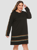 Plus Size Kleid für Frauen Black Jewel Neck Lange T-Shirt Ärmel gedruckt übergroße knielange einteilige Kleid