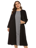 Plus Size Kleid für Frauen Black Jewel Neck Lange T-Shirt Ärmel Plaid Oversized Long One Piece Kleid