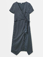 Plus Size Kleid für Frauen Blau Kurzarm V-Ausschnitt Polka Dot Polyester Sommer Langes Kleid
