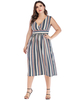 Plus Size Kleid für Frauen Blau V-Ausschnitt Kurzarm Streifen Polyester Übergroßes knielanges Kleid