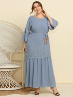 Plus Size Kleid für Frauen Blue Grey Jewel Neck 3/4 Länge ausgestellte Ärmel Polyester Schnür langes Kleid