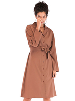 Plus Size Kleid für Frauen Braun Turndown Kragen Lange T-Shirt Ärmel Schnüren Polyester Übergroßes knielanges Hemdkleid