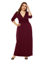 Plus Size Kleid für Frauen Burgunder V-Ausschnitt 3/4 Länge Ärmel Glockenärmel Polyester Plissee Langes Kleid