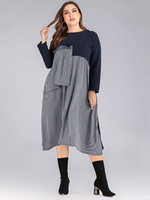 Plus Size Kleid für Frauen Deep Blue Jewel Neck Lange T-Shirt Ärmel Color Block Polyester Übergroßes knielanges einteiliges Kleid
