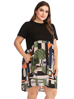 Plus Size Kleid für Frauen Green Jewel Neck Kurze T-Shirt Ärmel Color Block Übergroße knielange One Piece Kleid