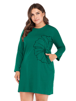 Plus Size Kleid für Frauen Green Jewel Neck Lange T-Shirt Ärmel Bedrucktes Polyester Übergroßes knielanges einteiliges Kleid