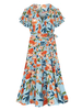 Plus Size Kleid für Frauen Helles Himmelblau V-Ausschnitt Kurzarm Ärmel Blumenmuster Polyester Langes Kleid