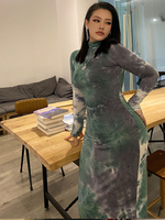 Plus Size Kleid für Frauen Hunter Green High Collar Lange Ärmel Tie Dye Polyester Paspel lange einteiliges Kleid