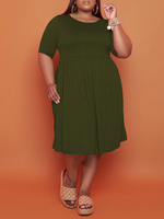 Plus Size Kleid für Frauen Jewel Neck Half Sleeves Hunter Green Polyester Plissee Tunikakleid