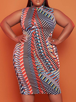 Plus Size Kleid für Frauen Jewel Neck Half Sleeves Stripes Printed Polyester Piping Oversized Bodycon Langes Kleid