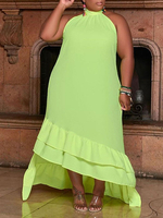 Plus Size Kleid für Frauen Jewel Neck Ärmellos Lycra Spandex Rüschen Grasgrün Langes Kleid
