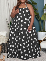 Plus Size Kleid für Frauen Neckholder Ärmellos Polka Dot Polyester Piping Oversized Schwarz Lang