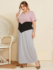 Plus Size Kleid für Frauen Pink Jewel Neck Kurze T-Shirt Ärmel Color Block Übergroßes langes einteiliges Kleid
