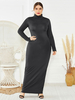 Plus Size Kleid für Frauen Schwarz High Collar Langarm Polyester Paspel Lang Einteiliges Kleid