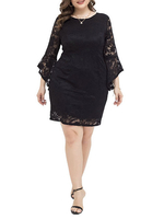 Plus Size Kleid für Frauen Schwarz Polyester Langarm Spitze Schwarz Kleider